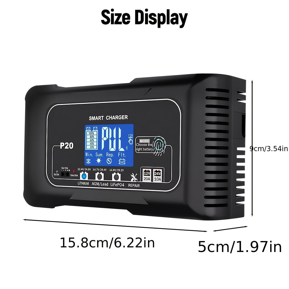 20 Amp Car Battery Charger 20A 12V/24V Smart Fully Automatic Battery Charger Maintainer Trickle Charger For Car Truck Lawn Mower Boat Lead Acid AGM GEL SLA Repair Lithium LiFePO4 Batteries, Without Battery