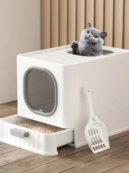 Enclosed Cat Litter Box Hooded, Cat Litter Tray Box With Drawer For Easy Cleaning, Kitty Toilet, Helps Reduce Odor Spread, No Litter Included, 39x38x51cm