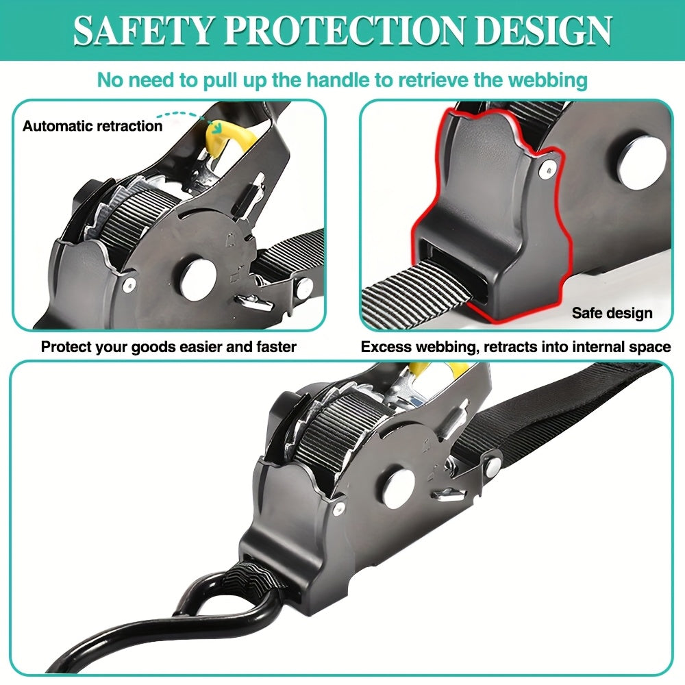 2pcs Black Automatic Retractable Cargo Straps with Heavy Duty Tensioner, Automatic Retractable Ratchet Tie Down Strap with S Hooks-Quick Release, Ultra Durable Nylon Material, Rust-Proof, Non-Slip, Wear-Resistant, No Assembly Required, Perfect Gift