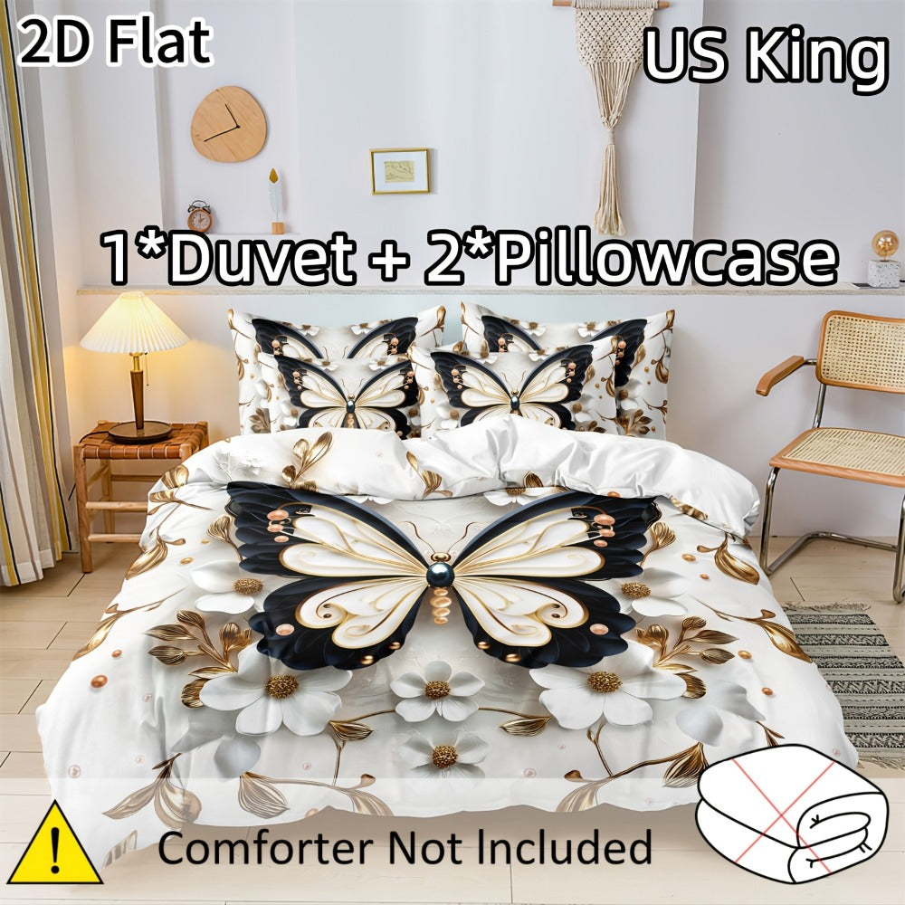 2D Flat White Flower Butterfly Duvet Cover Set – Soft Bedroom Bedding – additional product view