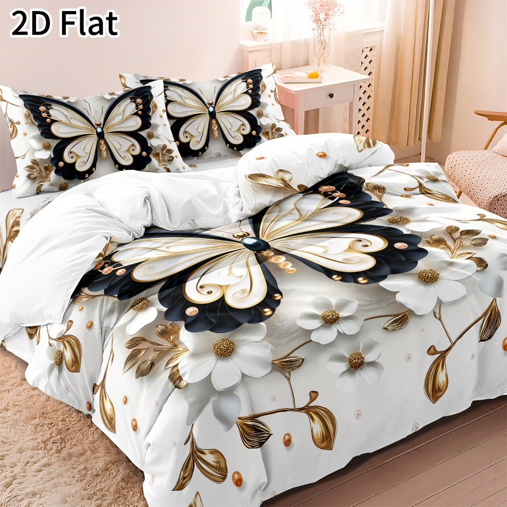 2D Flat White Flower Butterfly Duvet Cover Set – Soft Bedroom Bedding – alternate product view