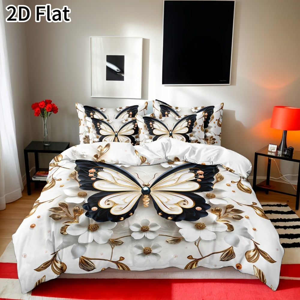 2D Flat White Flower Butterfly Duvet Cover Set – Soft Bedroom Bedding – design and construction details