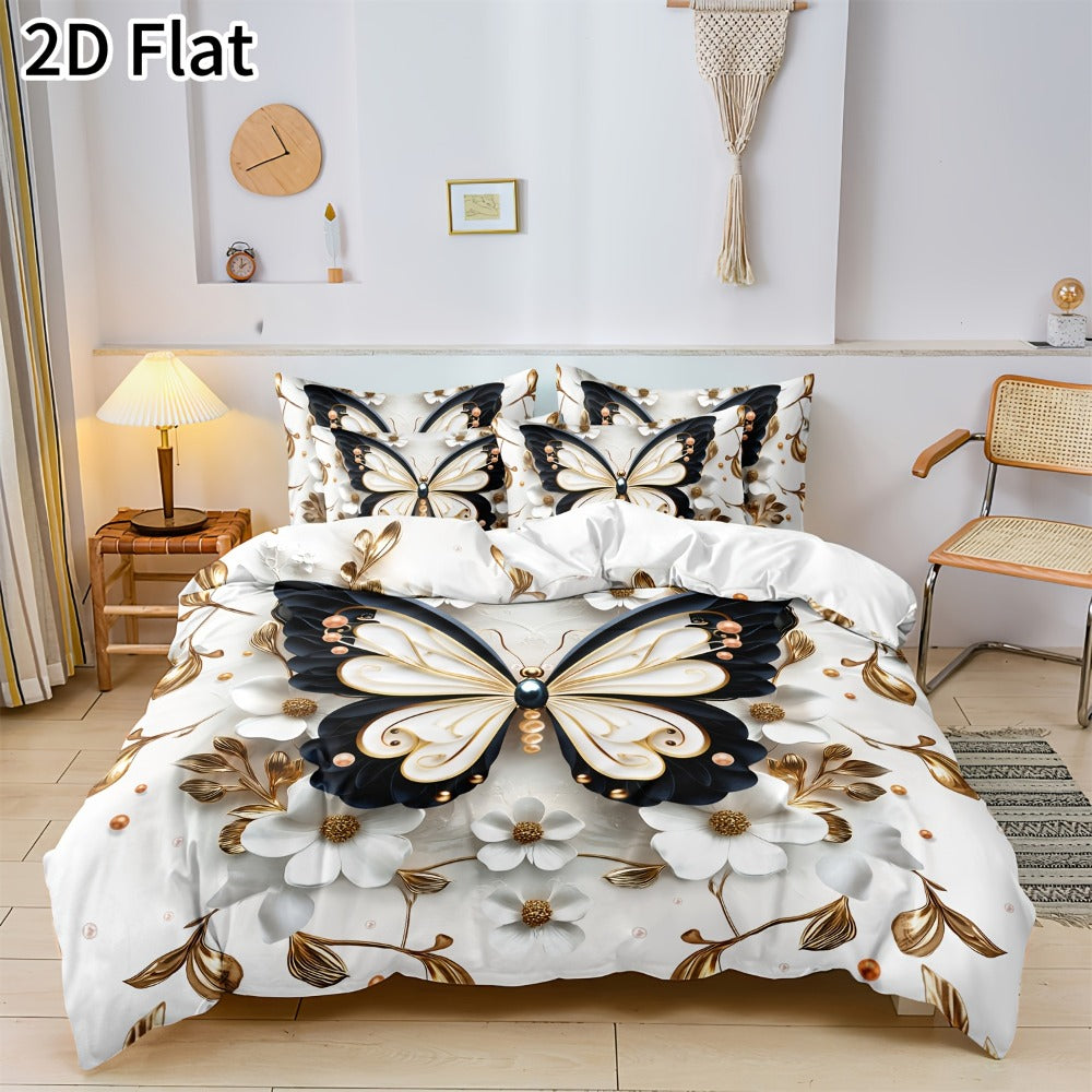 2D Flat White Flower Butterfly Duvet Cover Set – Soft Bedroom Bedding – feature reference