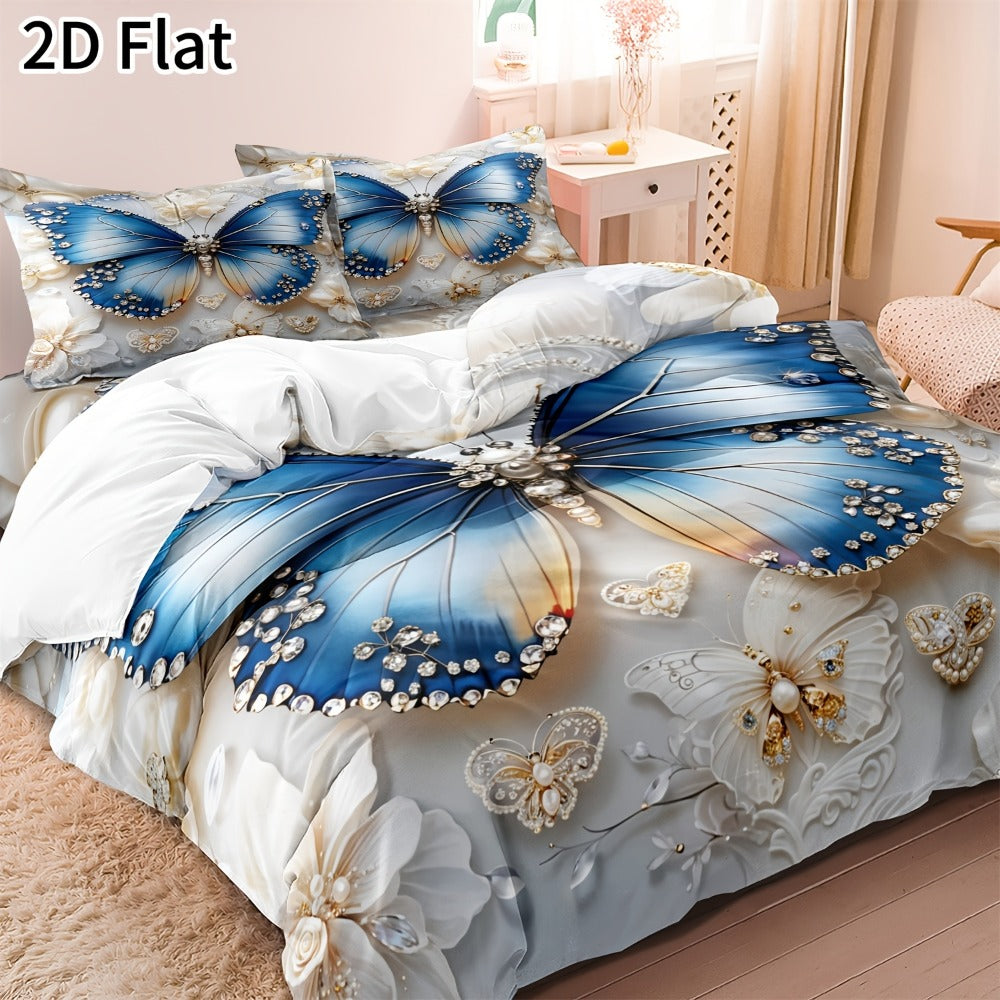 2D Flat White Flower Butterfly Duvet Cover Set – Soft Bedroom Bedding – main product view
