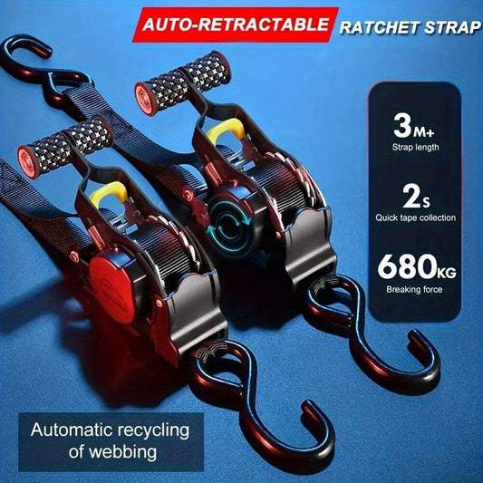Heavy-duty Aluminum Automotive Tie-down Strap - 3.3 Meters Long, 680.0kg Tensile Strength, Auto-retractable, Ideal for Motorcycles and Cars, a Travel Essential