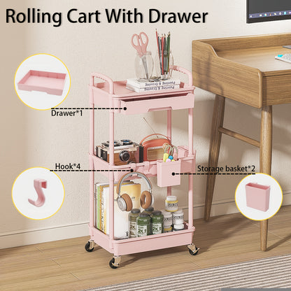 3 Tier/4 TierMultifunctional Rolling Cart With Drawer, Durable Plastic Rolling Cart- With Drawers And Lockable Wheels, Includes Practical Accessories Like Cup Holders And Hooks - Easy Assembly Storage Cart, For Kitchen, Bathroom, Living Room