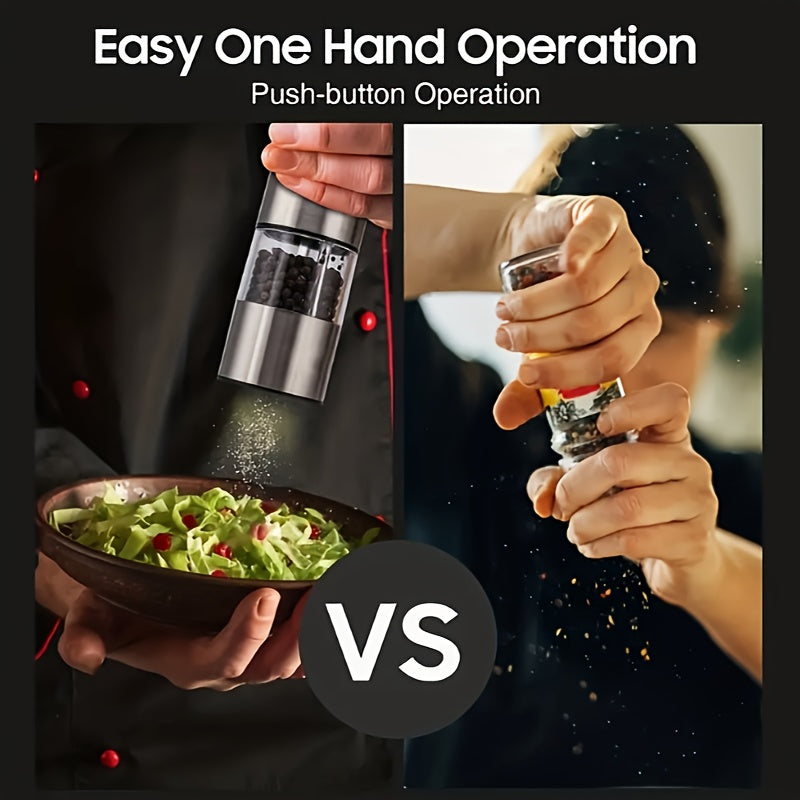 Electric Salt And Pepper Grinder Set (2pcs Set) - Stainless Steel Battery Powered Salt And Pepper Grinder with Light - Free Grinder Rack - One Handed Adjustable Ceramic Grinder Easy to Grip, Easy to Use, Stylish Modern Design