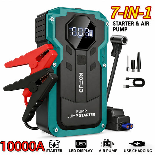 KOPUO 6000A/7000A Jump Starter Optional 10000A Peak 12V Car Jump Starter With Air Compressor, Heavy Duty Jump Starter Battery Pack With 150PSI Portable Tyre Inflator, Battery Booster Power Bank With LCD Display And LED Light