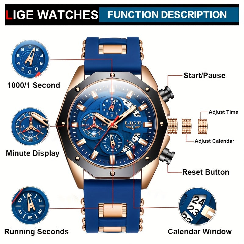 LIGE Watch 2026, Men's Watch, Fashion Watch, Analog Watch, Youth Watch, Outdoor Sports Watch, Calendar Display, Blue Watch, Black Watch, Birthday Gift, Graduation Gift, Holiday Gift, Stopwatch, Watch Gift for Men.