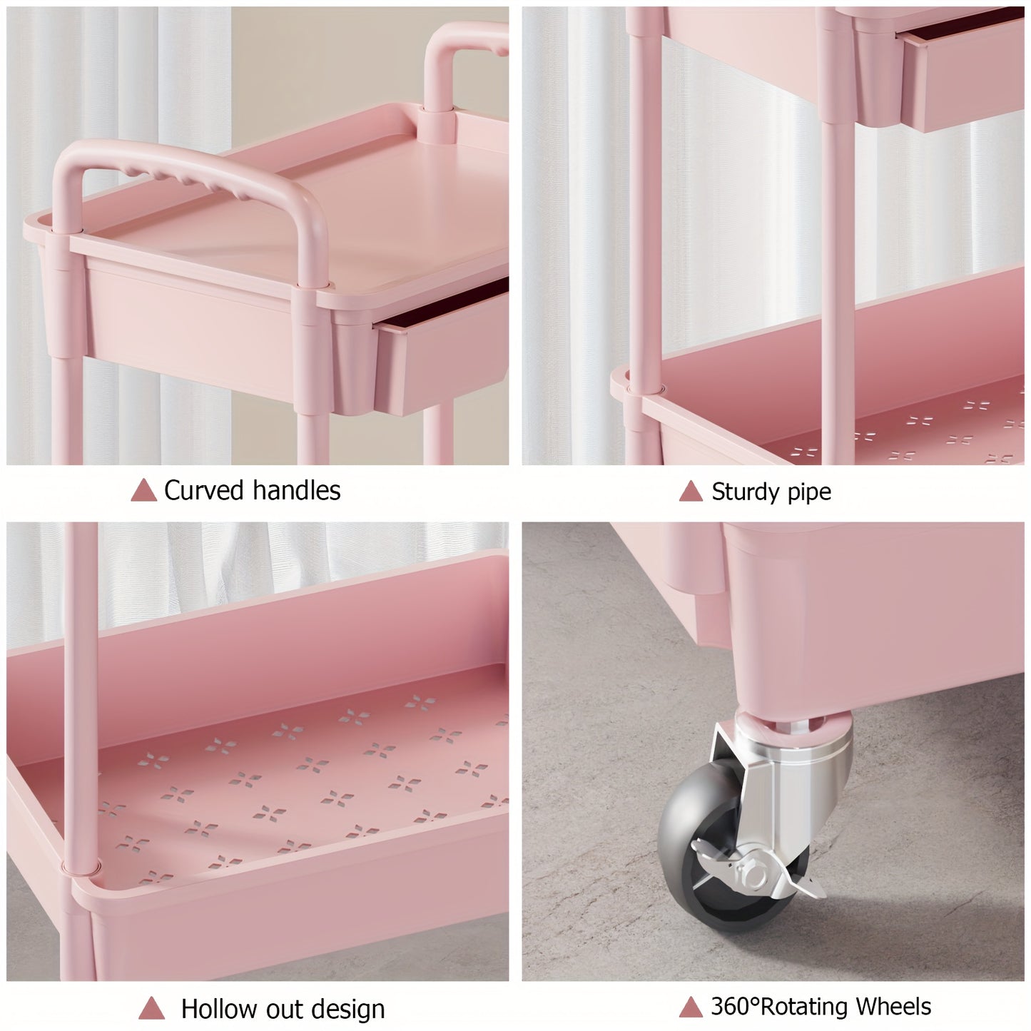3 Tier/4 TierMultifunctional Rolling Cart With Drawer, Durable Plastic Rolling Cart- With Drawers And Lockable Wheels, Includes Practical Accessories Like Cup Holders And Hooks - Easy Assembly Storage Cart, For Kitchen, Bathroom, Living Room