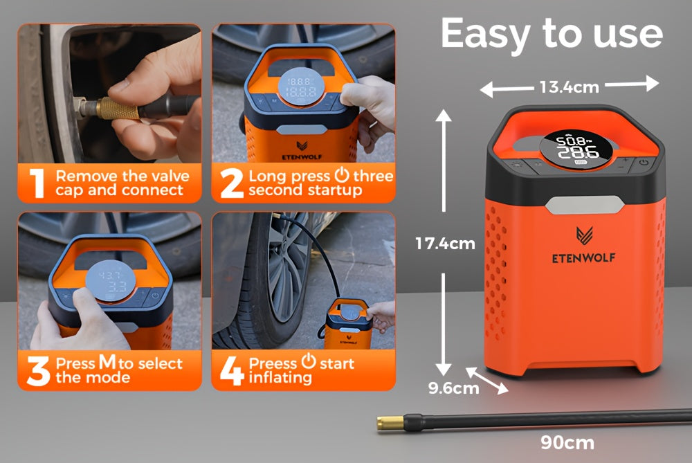 ETENWOLF - Tire Inflator Portable Air Compressor, 1 Min Fast Inflation & 100% Duty Cycle, Air Pump For Cars, SUVs, Bikes, Balls