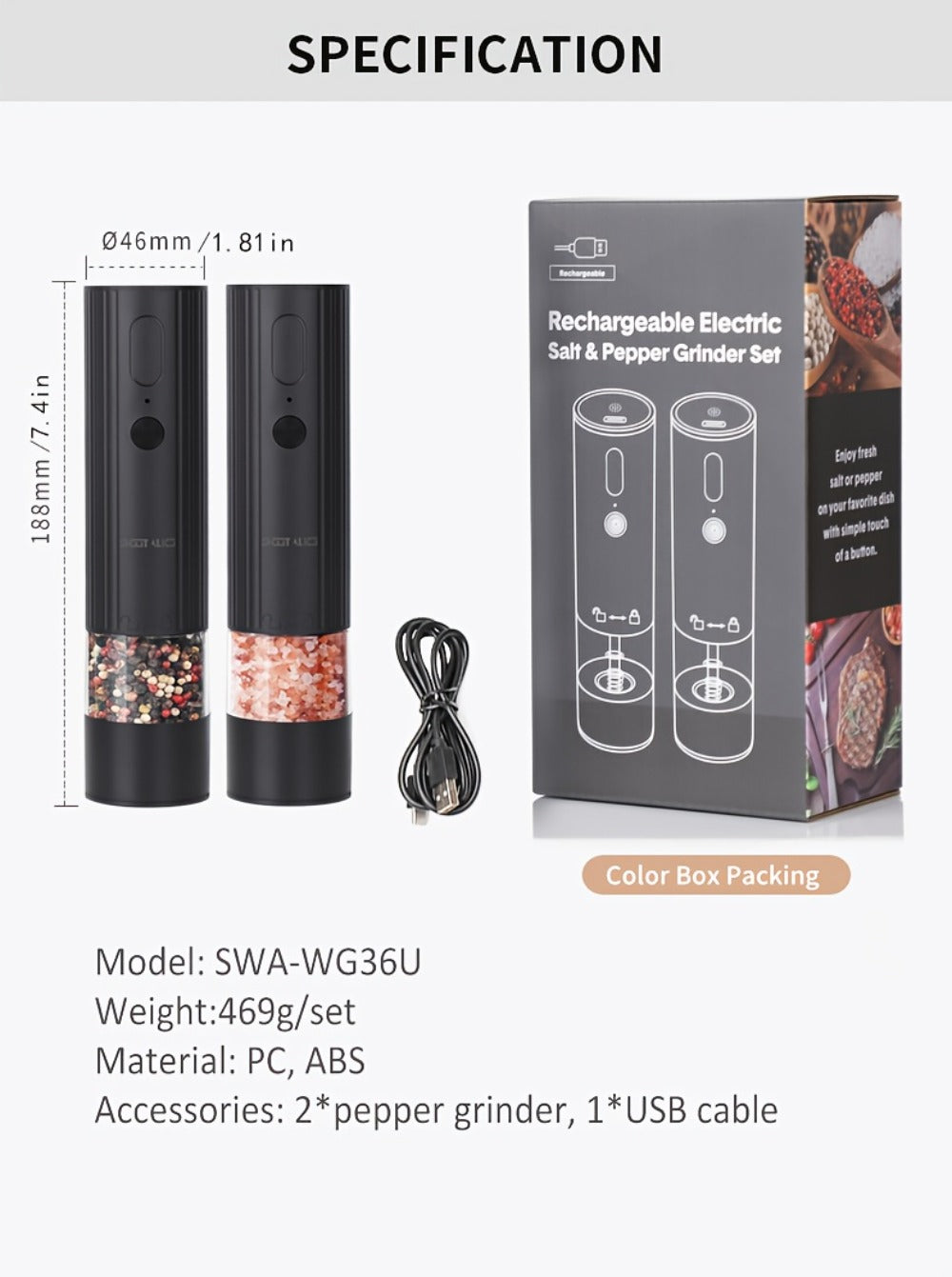 2pcs Rechargeable Salt and Pepper Grinder Set - kitchen and – additional product view 11