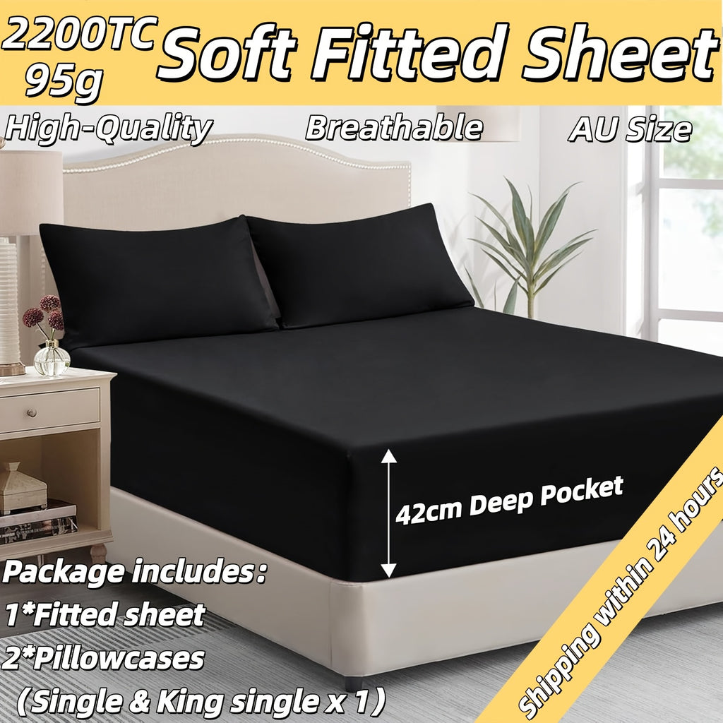2200Tc/95G Hotel Quality Fitted Sheet Set, Luxury Ultra Soft Breathable Fitted Bedding Sheet Set, 1X Fitted Sheet And 2Xpillowcase (Single & King Single X 1), Perfect Fit with 42Cm Deep Pockets, Available in King Queen Double King Single Bed