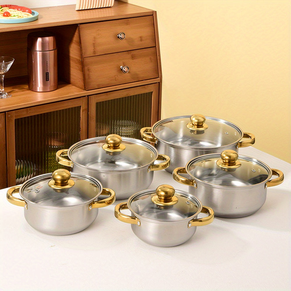 10pcs Stainless Steel Cookware Set with 5 Pots And 5 Lids, Golden Handles, Suitable for Electric Stoves, Suitable for Soups, Hot Pot, Noodles, Pasta, Seafood Soup, Etc, High Quality, Suitable for Outdoor Camping, Restaurant Kitchen Supplies