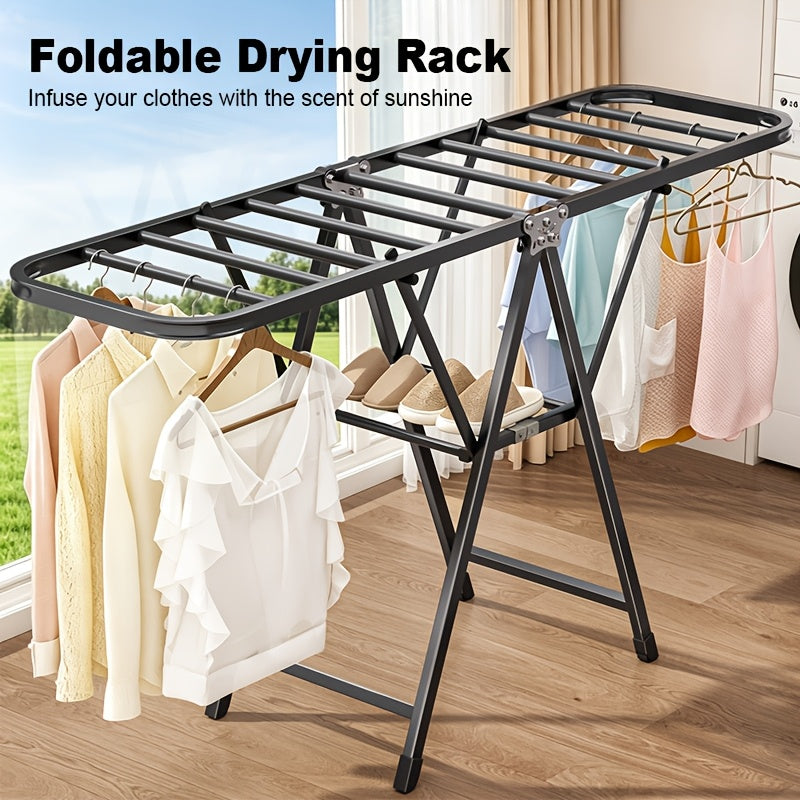 Folding Clothes Drying Rack, Heavy-Duty Aluminium, Height-Adjustable, with Shoe Rack, Large Portable Foldable Design for Indoor/Outdoor Use, No Tools Assembly, A-Frame Stability, Mobile Clothes Drying Rack, with 4 Casters, Gray, Drying Racks