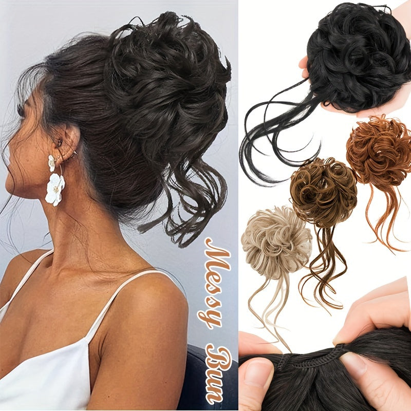 25.4cm Messy Bun Hair Piece Tousled Updo Hair Buns Extension Elastic Hair Band Hair Pieces Wrap Around Curly Hair Bun Scrunchie for Women Wavy Curly Chignon Ponytail Hairpiece for Daily Wear Black Brown Can Be Trimmed Christmas Halloween