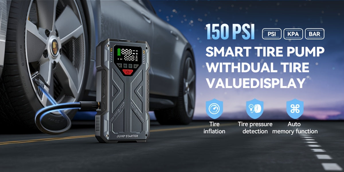 Portable Car Jump Starter, Jump Starter with Air Compressor, 6000A Peak Battery Jump Starter Portable.Jump Box for Car Battery, 12V Portable Jump Starter for 8.5L Gas & 7.0LDiesel CarsWith USB Ports & LED Flashlight, Car Accessories Tools