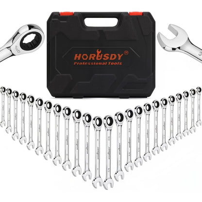 HORUSDY 24pcs Ratchet Spanner Set | Metric And SAE | Ratcheting Spanners Combination Wrenches Set with Organizer | 72-Teeth | Chrome Vanadium Steel | 6-18mm & 1/4" to 3/4"