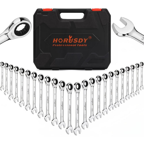 HORUSDY 24pcs Ratchet Spanner Set | Metric And SAE | Ratcheting Spanners Combination Wrenches Set with Organizer | 72-Teeth | Chrome Vanadium Steel | 6-18mm & 1/4" to 3/4"
