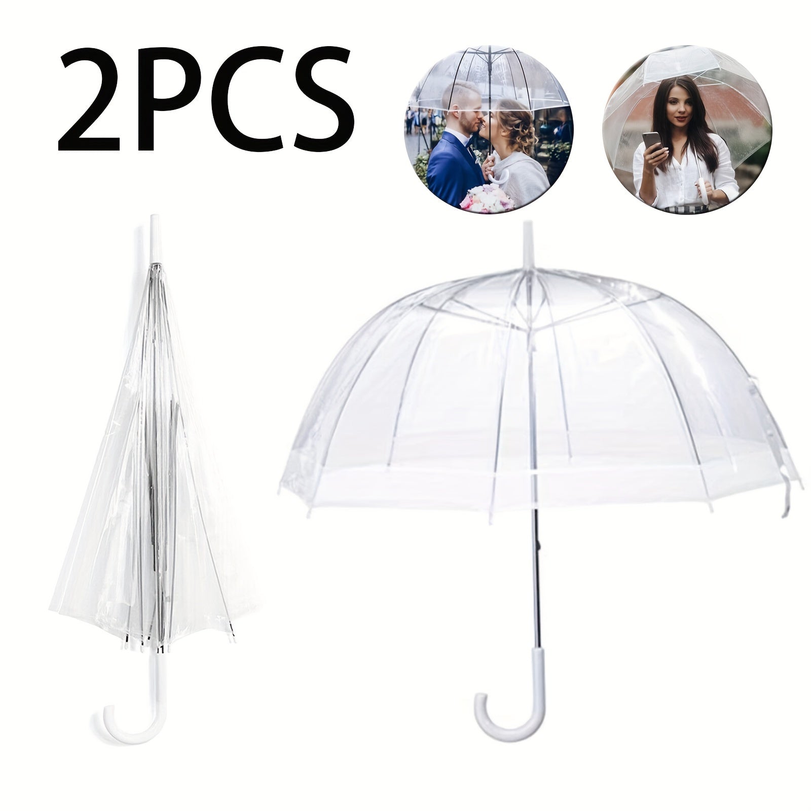 2pcs Dome Umbrella Wedding Rain Transparent Clear Handle Waterproof Women'S Men'S Signature Lightweight Rainproof And Windproof Clear Bubble Umbrella, Canopy, for Weddings Party