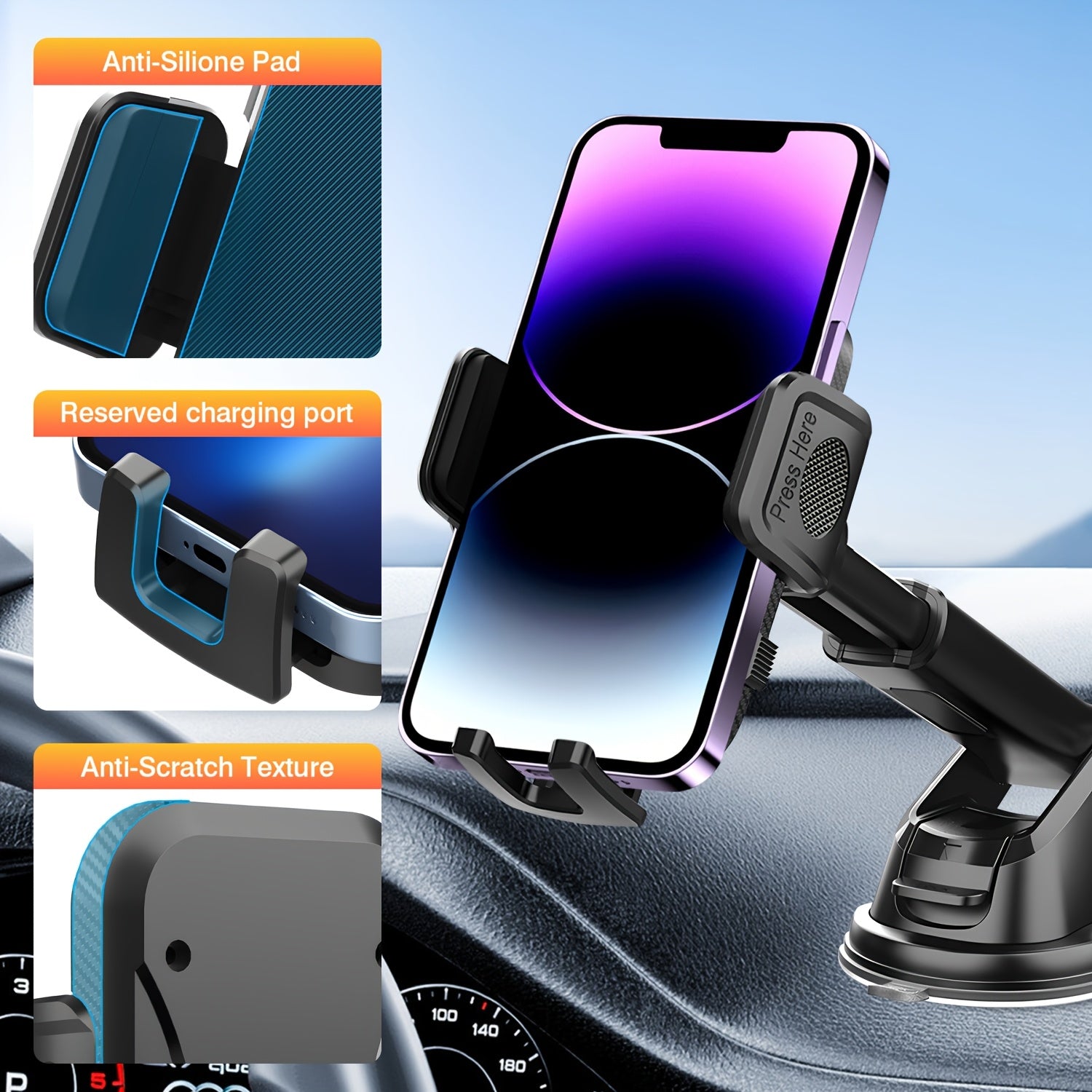 Universal Car Phone Mount, Hands-Free Holder for Dashboard, 360° Rotatable Expandable Mobile Holder