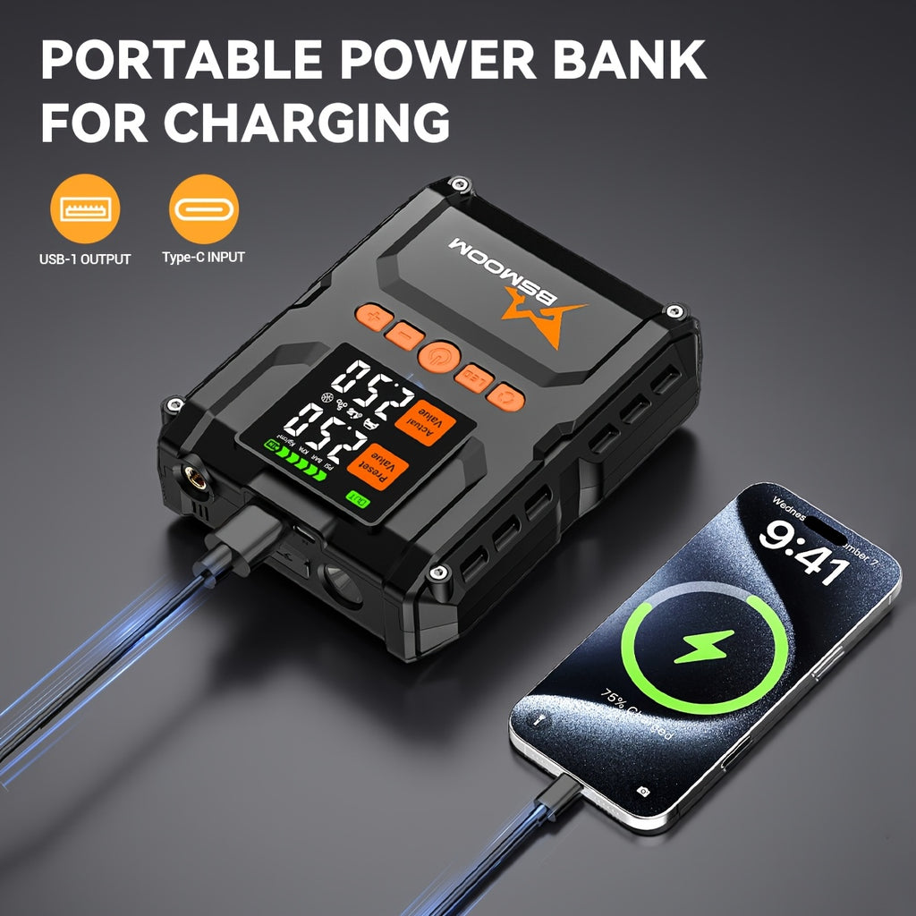 BSMOOM 9000A Portable Car Jump Starter | With Air Compressor, Car Battery Charger, 150PSI Tire Inflator, Inflate/Deflate Air Pump, Power Bank USB QC3.0 Outputs, LED Emergency Light, Rechargeable Battery, Digital Display, USB Dual Use