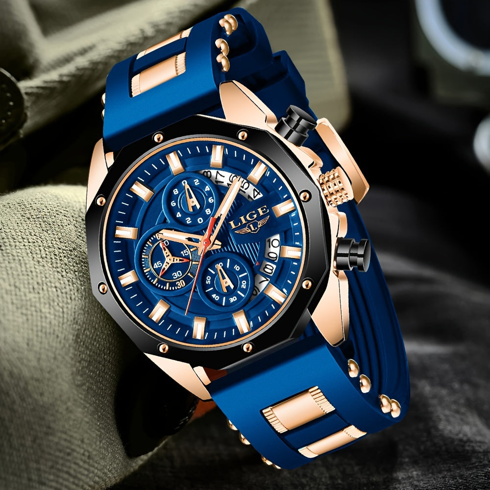 LIGE Watch 2026, Men's Watch, Fashion Watch, Analog Watch, Youth Watch, Outdoor Sports Watch, Calendar Display, Blue Watch, Black Watch, Birthday Gift, Graduation Gift, Holiday Gift, Stopwatch, Watch Gift for Men.