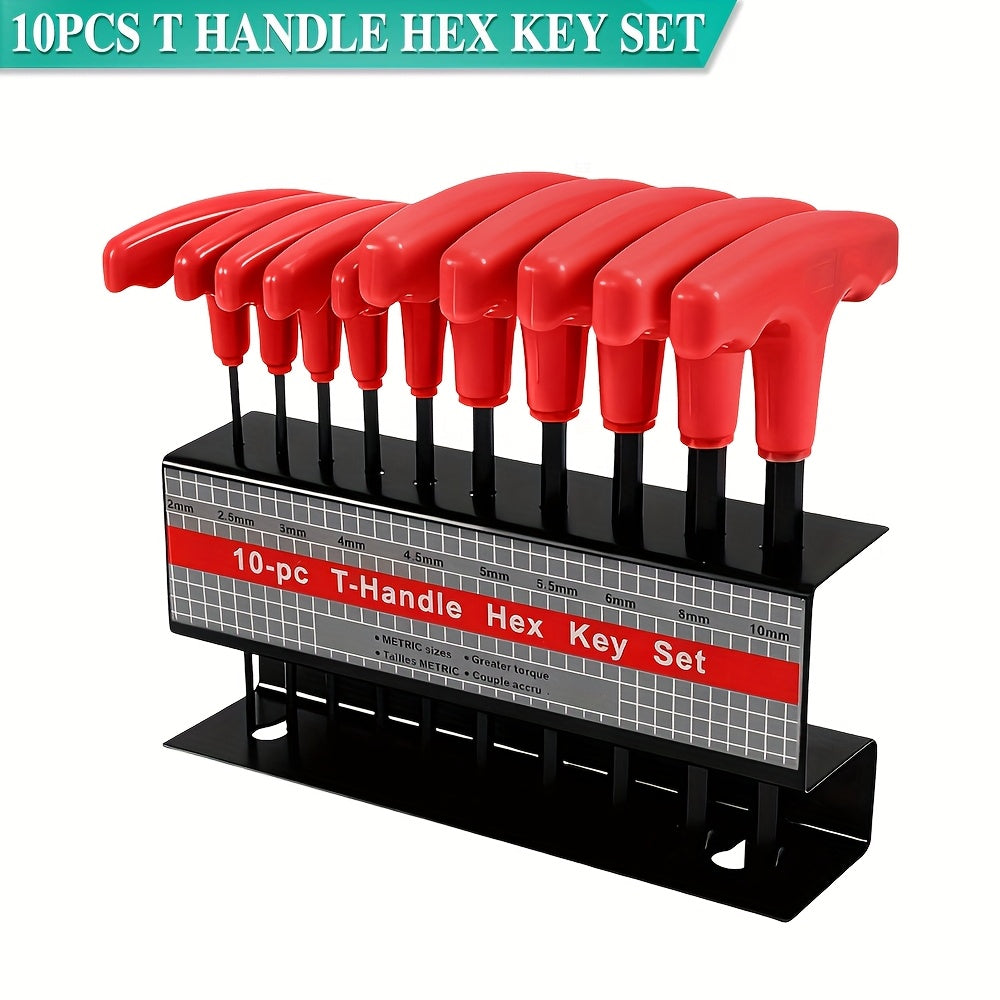 [T-Handle Hex Key Set] 10pcs/20pcs T-Handle Hex Key Set - Durable Ratchet Wrenches with Ergonomic Red & Gray Handles, Metric Sizes 5-19mm for Automotive, DIY, And Professional Use, Automotive Tool Set, Professional Tool Set