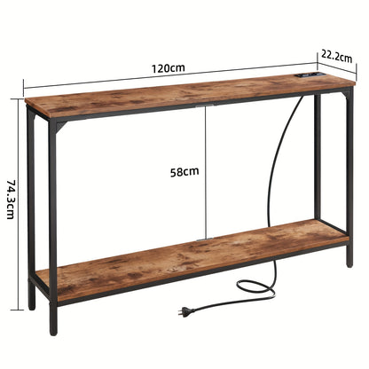FORESREEN Console Table with Charging Station, 120cm Entryway Table with Shelves, 2-Tier Narrow Sofa Table, Long Behind Couch Table, for Entryway, Foyer, Living Room, Hallway