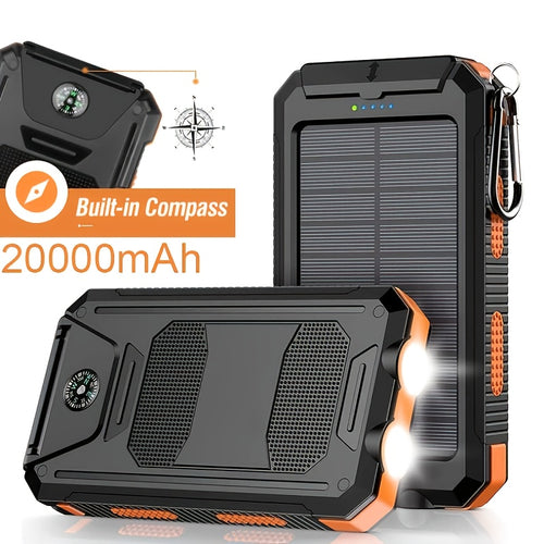 20000mAh Solar Charger Power Bank, Portable Solar Phone Charger, Camping External Battery Charger for Phone, 2 USB/LED Flashlights with Compass for Outdoor Activities