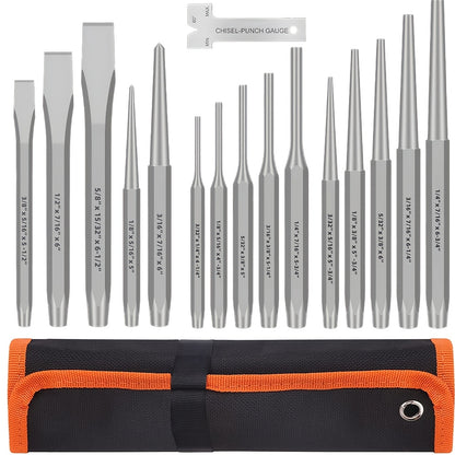 16pcs Punch & Chisel Tool Set Industrial-Grade Chrome Vanadium Steel | Taper/Center/ Pin Punches & Cold Chisels, High Hardness Impact-Resistant, Portable Storage Pouch, Essential for Metalworking, Woodworking, Machinery Repair