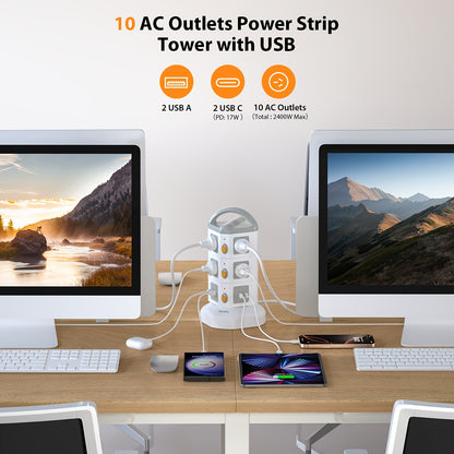 14-In-1 Tower Power Station And Surge Protected Power Board: 10 AC Outlets Multi Plug with 4 USB Ports (2 Fast USB-C), 2M Built-In Extension Cord | Compact Vertical Charging Station, USB Hub And Outlet Extender for Home Office Desk