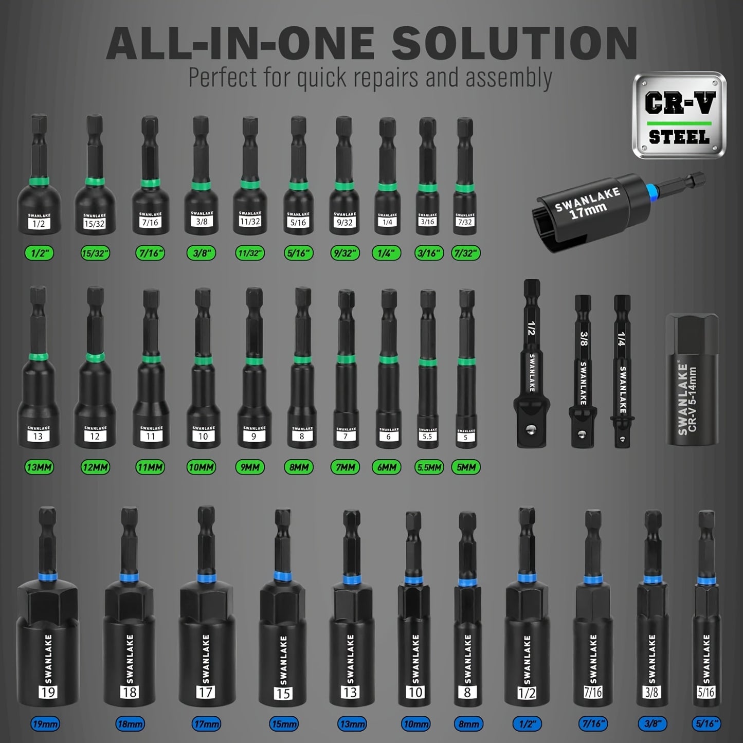 Magnetic Nut Driver Set: 74pcs, Metric & SAE, for Impact Drill, Impact Socket Adapter, Power Bits with Magnetic Holder, Wing Nut Driver, Socket, 1/4'' Quick-change Bit Extension