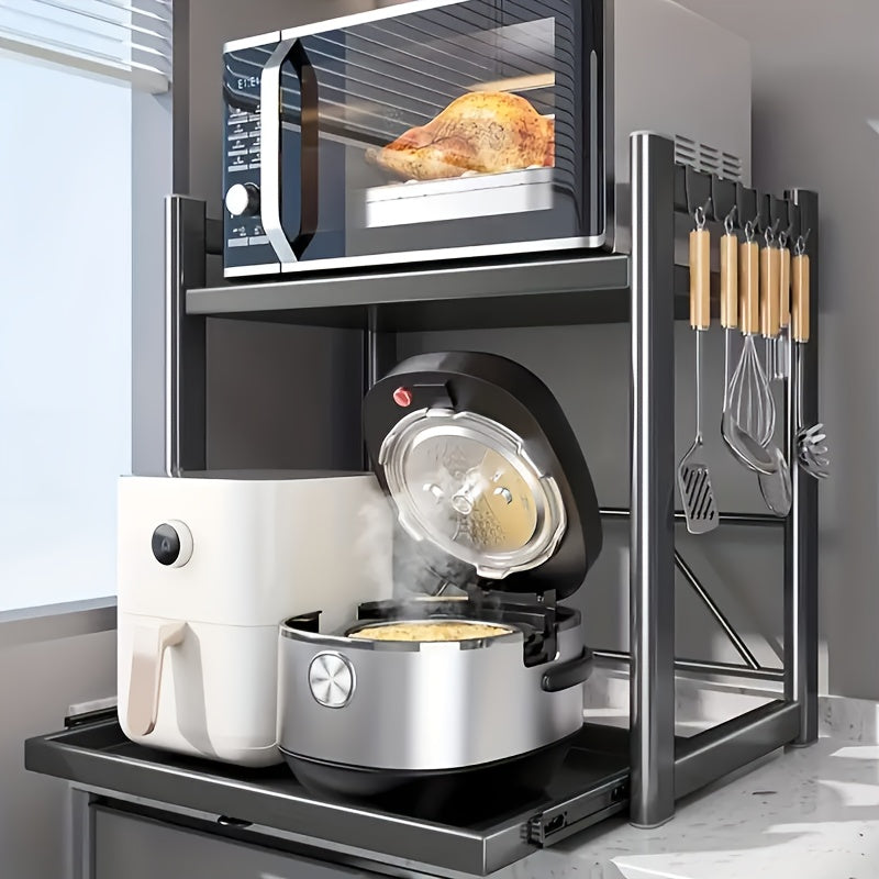 Kitchen Countertop Organizer, Microwave Stand, Microwave Oven Rack, Adjustable Microwave Stand with Storage Shelf Heavy Duty with 6 Hooks Holder for Kitchen Countertop, Storage Drawer Units