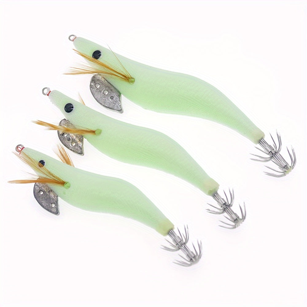 9pcs Squid Jig Hard Fishing Lures Artificial Spinner Lures Kit Jig Hook Shrimps Prawn Luminous Tail Glow in Dark Size 2.5# 3.0# 3.5#