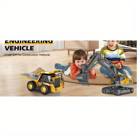 Remote Control Excavator Toy, Rechargeable 11 Channel 2.4Ghz RC Construction Vehicles with Metal Shovel for Kids, 680° Rotation with Lights and Sound- 1/20 Scale Digger for Boys 6-12