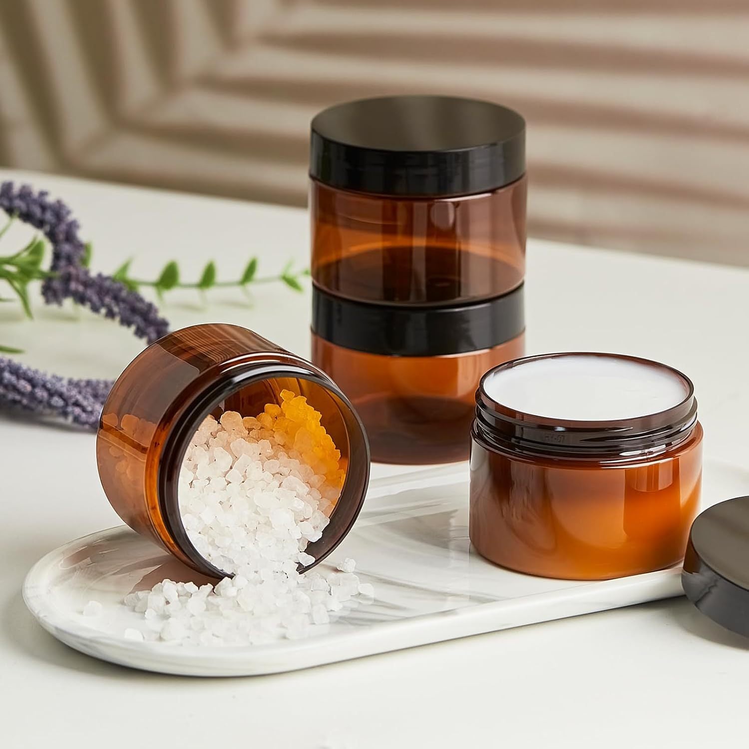 20pcs 50g Amber Glass Cosmetic Jars with Black Lids - Refillable Travel-Sized Containers for Lotion, Face Cream, Lip Balm & Salve | Light-Protecting Round Vials, Leak-Proof Twist Lids, Clear Glass for Easy Identification, Cosmetic Glass Jars