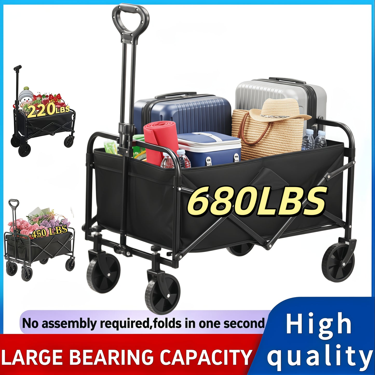 [Heavy-duty Handcart] Large Capacity 680/450/220 Lb Heavy-duty Foldable Multifunctional Handcart, 4 All-terrain Swivel Wheels, Outdoor Foldable Cart - High Load Capacity, Camping Cart - Picnic Cart Trailer for Camping, Suitable for Camping, Gardening, Bea