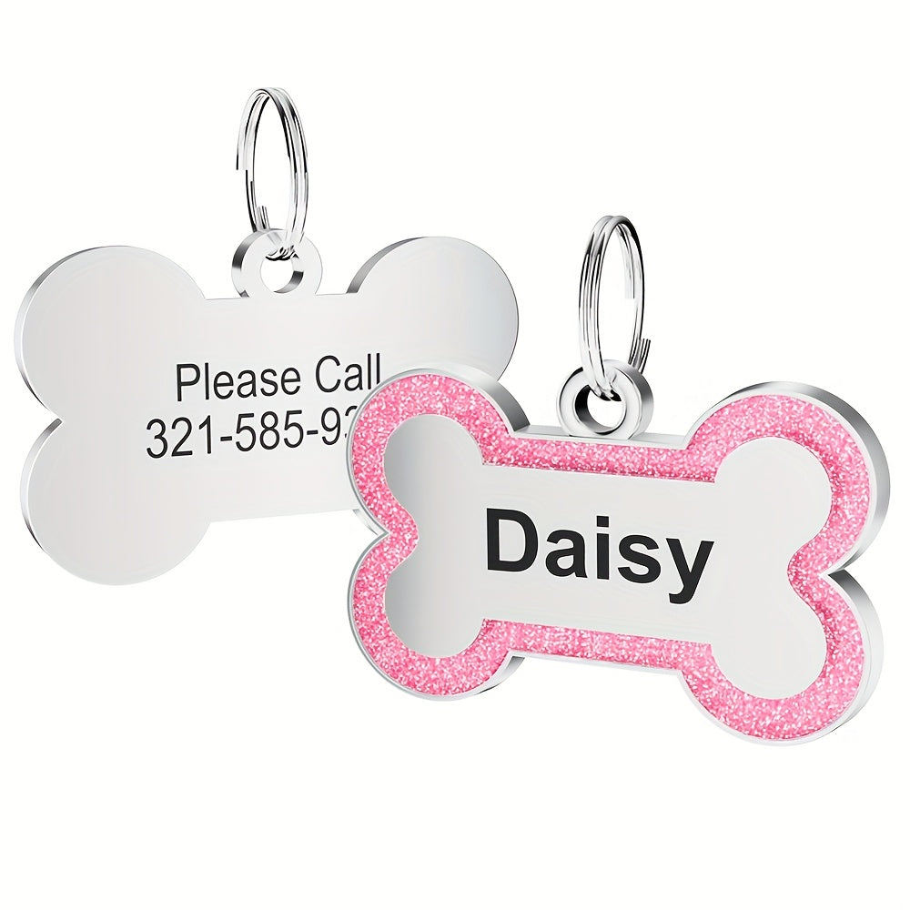 Custom Glitter Bone-shaped Pet ID Tag 1pc Round Metal Design + Engraved Text Suitable For Holiday Parties Pet Birthdays Daily Wear Back To School & School Gift