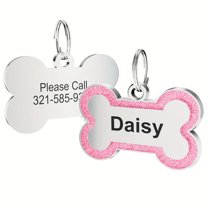 Custom Glitter Bone-shaped Pet ID Tag 1pc Round Metal Design + Engraved Text Suitable For Holiday Parties Pet Birthdays Daily Wear Back To School & School Gift