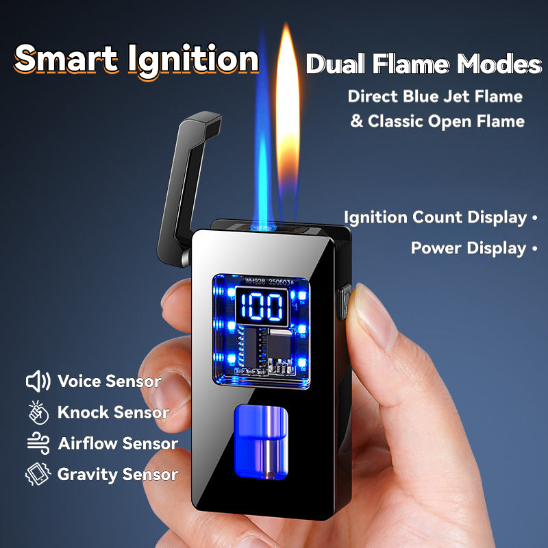 Intelligent Voice-Controlled Dual Flame Lighter with a Gravity Sensor, Designed to Be Windproof for Outdoor Activities, Presented in a Luxurious Black Ice Gift Box, Perfect As a Gift for Men