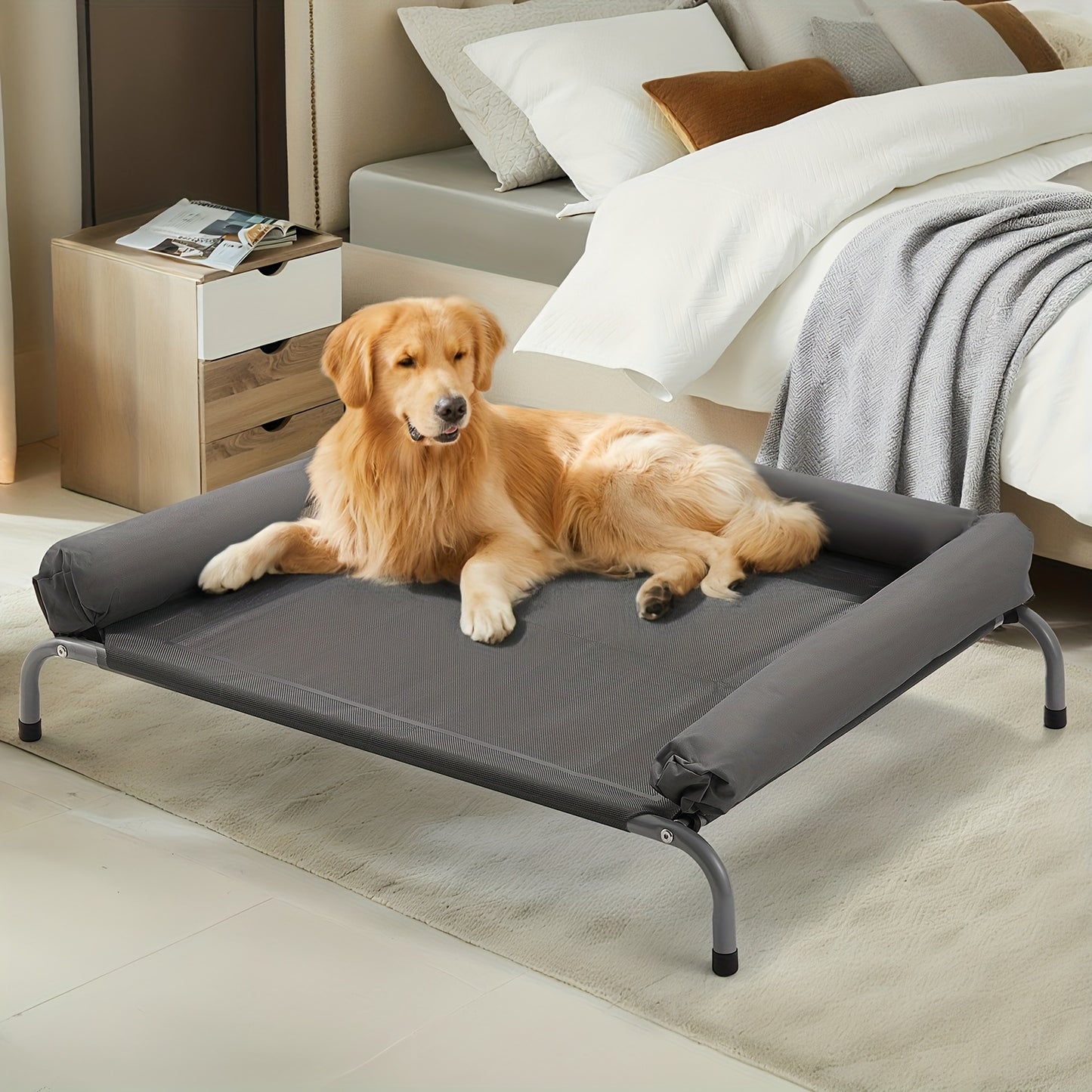 Cooling Elevated Dog Bed for Large Dogs, Portable Indoor And Outdoor Raised Dog Bed with Breathable Mesh, Chew-Proof Pet Hammock Cots with Removable And Bolsters