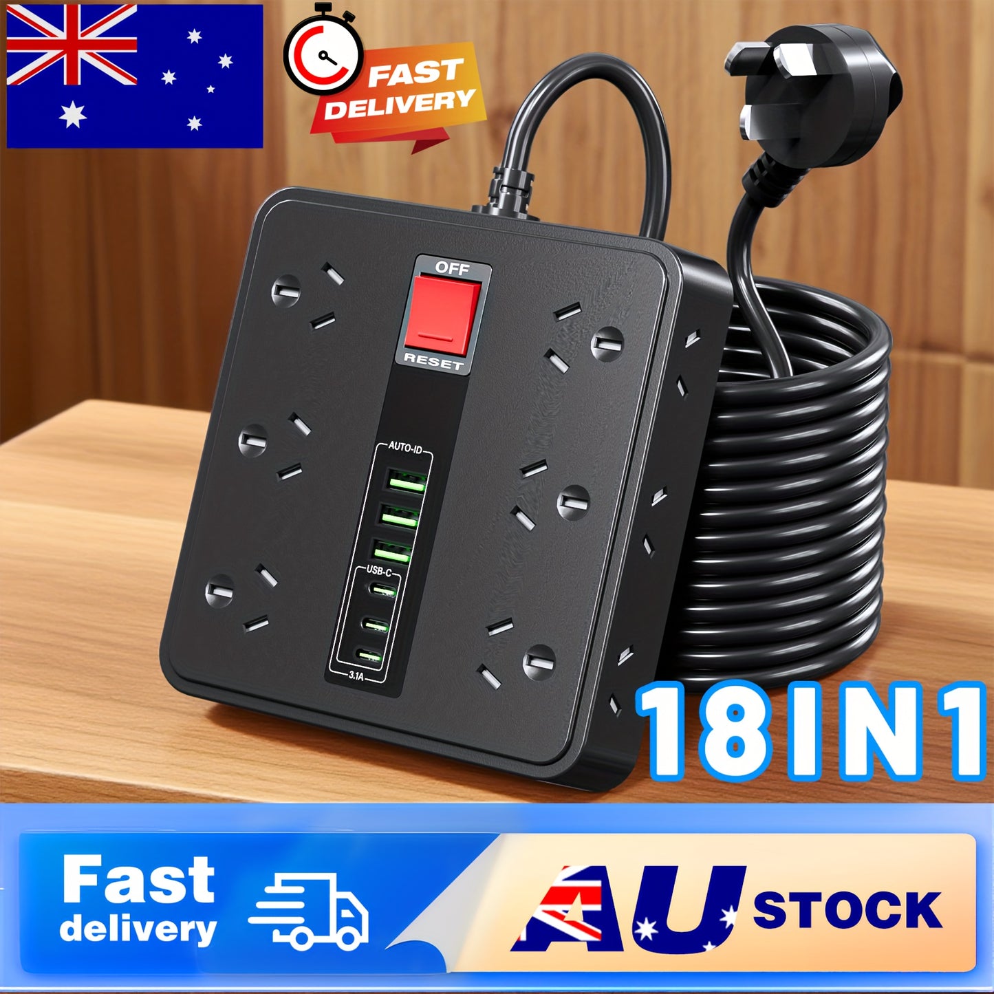 HEYMIX USB Surge Protector - 18IN1 Power Board with 3 USB C & 3USB, 12 Outlet Power Strip with 1.9m Extension Cord, Wall Mountable 2500W Surge Protection and Overload Switch for Home & Office