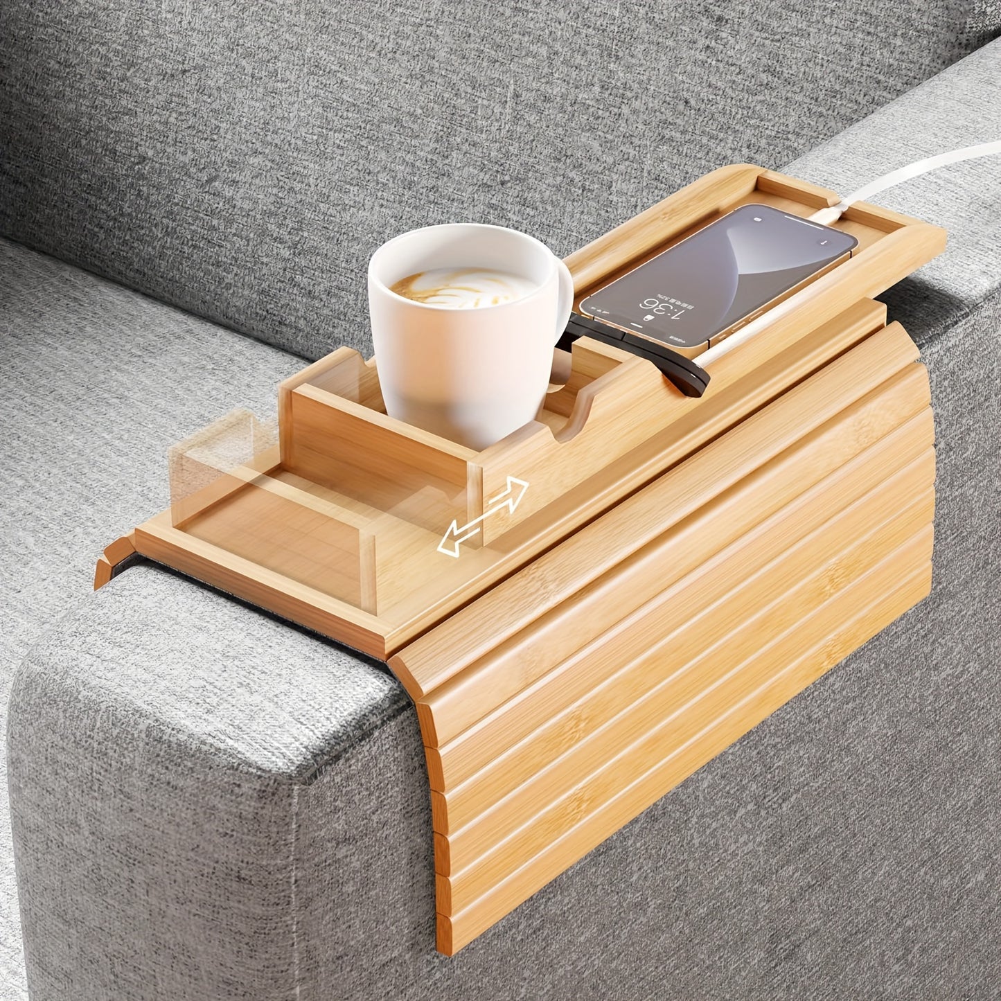 Foldable Pull Out Sofa Armrest Tray Table with Clip-On Bracket - Suitable for Couch Side Table, Cup Holder, Remote Control & Phone Organizer, Space-Saving for Small Apartments, Dorms, RVs