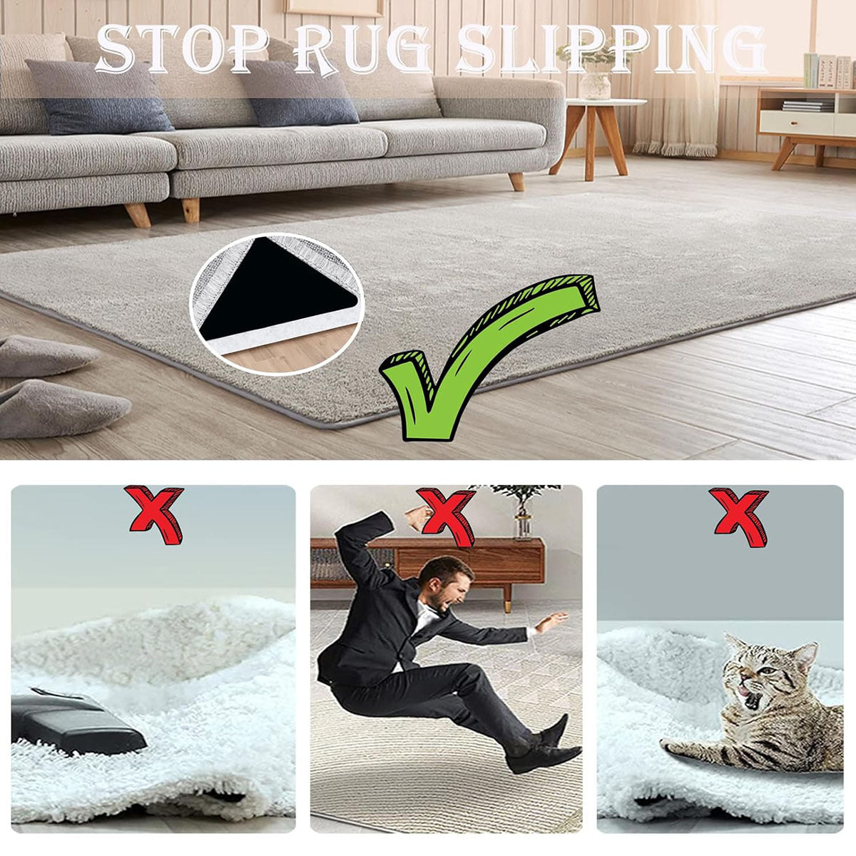20 Pcs Carpet Tape, Non Slip Rug Tape for Hardwood Floors and Tiles, Reusable and Washable Rug Pad Gripper for Area Rugs, Dual Sided Adhesive Rug Stopper Keep Corners Flat