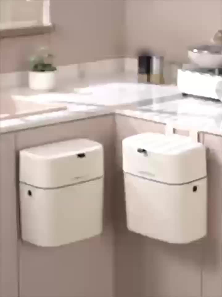 1pc Wall Mounted Trash Can, 9.46 L Compost Bin Kitchen Garbage Can Countertop Indoor Small Hanging Trash Can With Lid Bin, Kitchen Accessories, White
