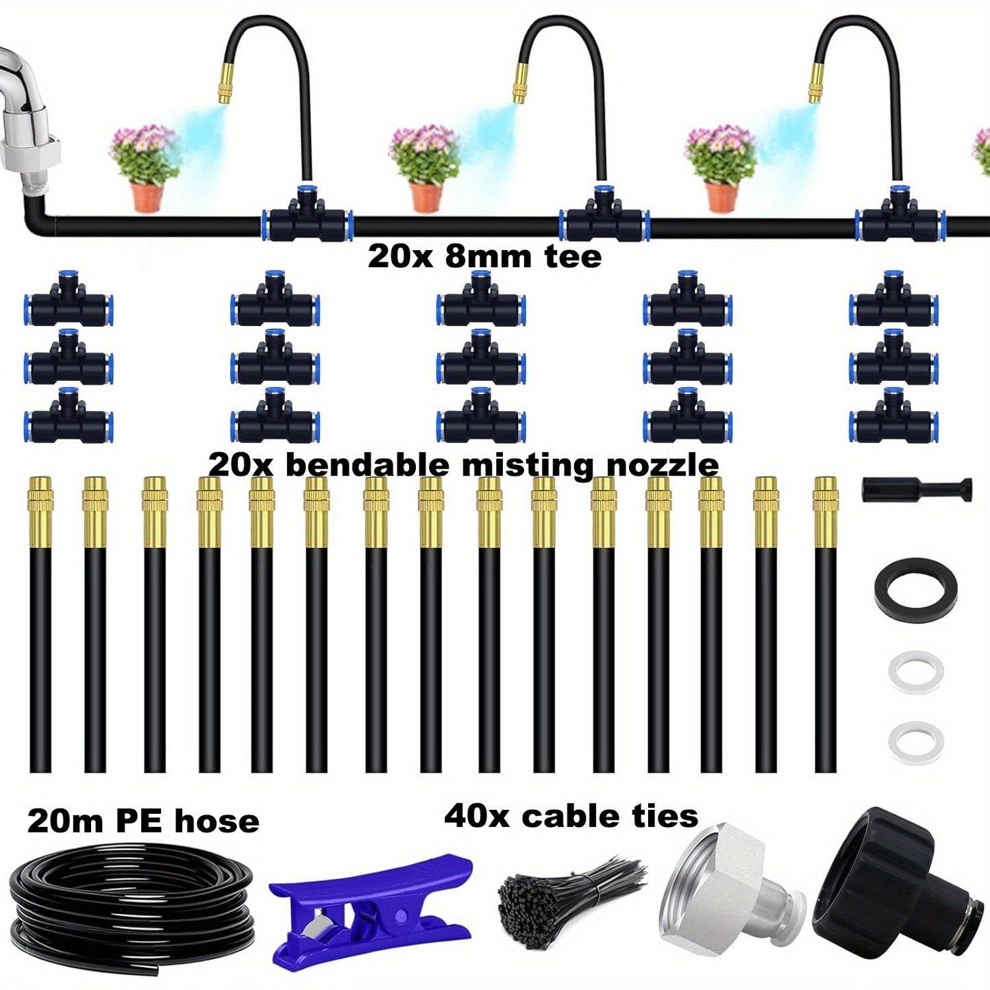 20M Micro Drip Irrigation Set Featuring an Adjustable 7.87-Inch Brass Mist Nozzle - a Self-Operating Watering Solution Ideal for Balcony And Greenhouse Gardening, Compatible with Euro-American Standards, No Electricity Needed