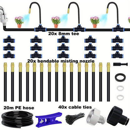 20M Micro Drip Irrigation Set Featuring an Adjustable 7.87-Inch Brass Mist Nozzle - a Self-Operating Watering Solution Ideal for Balcony And Greenhouse Gardening, Compatible with Euro-American Standards, No Electricity Needed