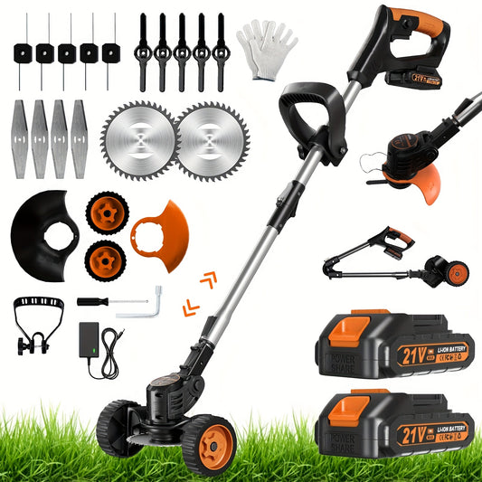 Cordless Weed Wacker Battery Powered, 4-in-1 Grass Trimmer/Brush Cutter with 4 Types Blades, 21V Weed Electric Eater with Battery*2 for Lawn Care And Yard Work