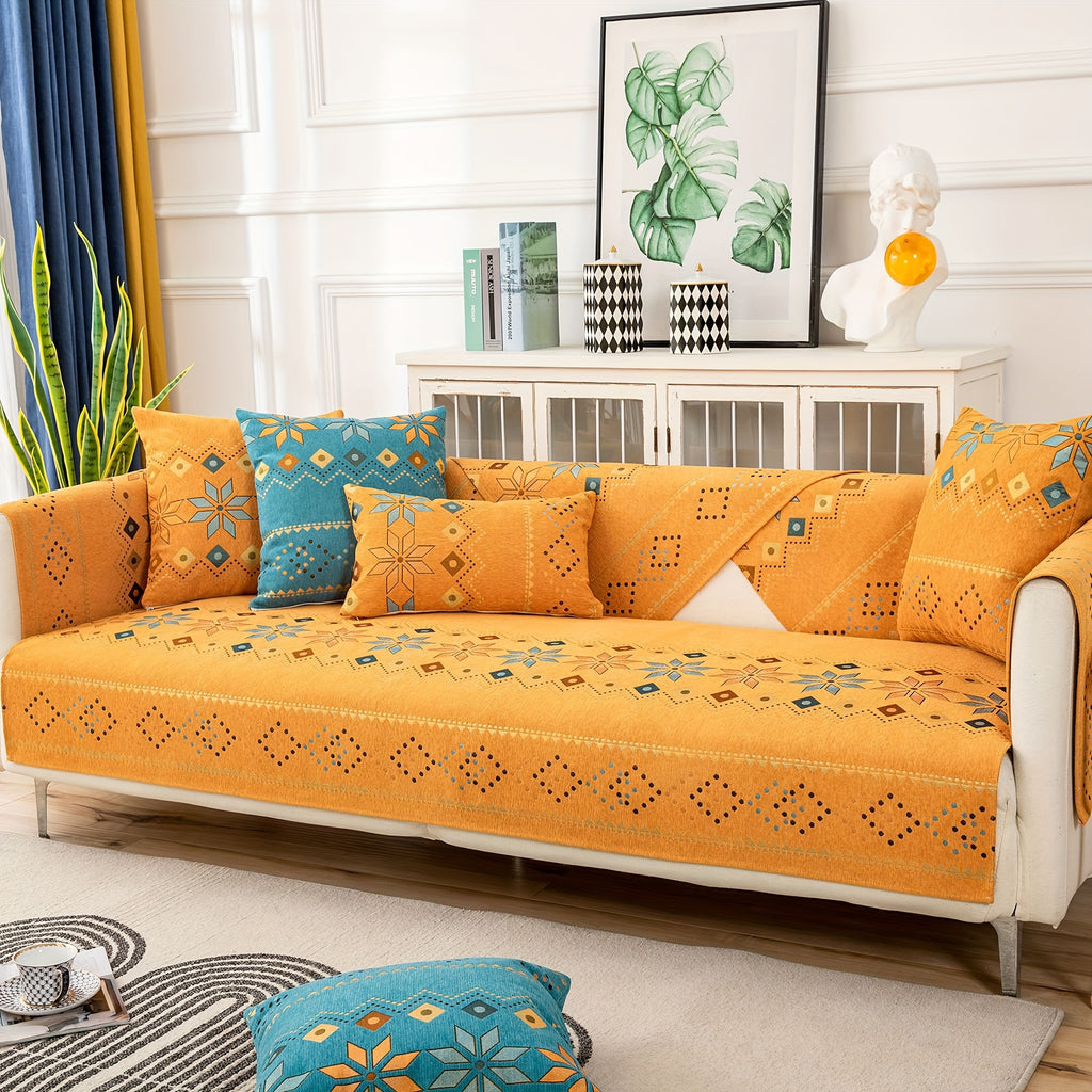 1pc Bohemian Chenille Sofa Cover with Geometric Embroidery - Pet-Friendly Thick Plush Slipcover, Non-Slip One-Piece Design for Sectional Couches, Machine Washable Furniture Protector for Living Room, Bedroom, Office Decor, Durable Slipresistant Fabric